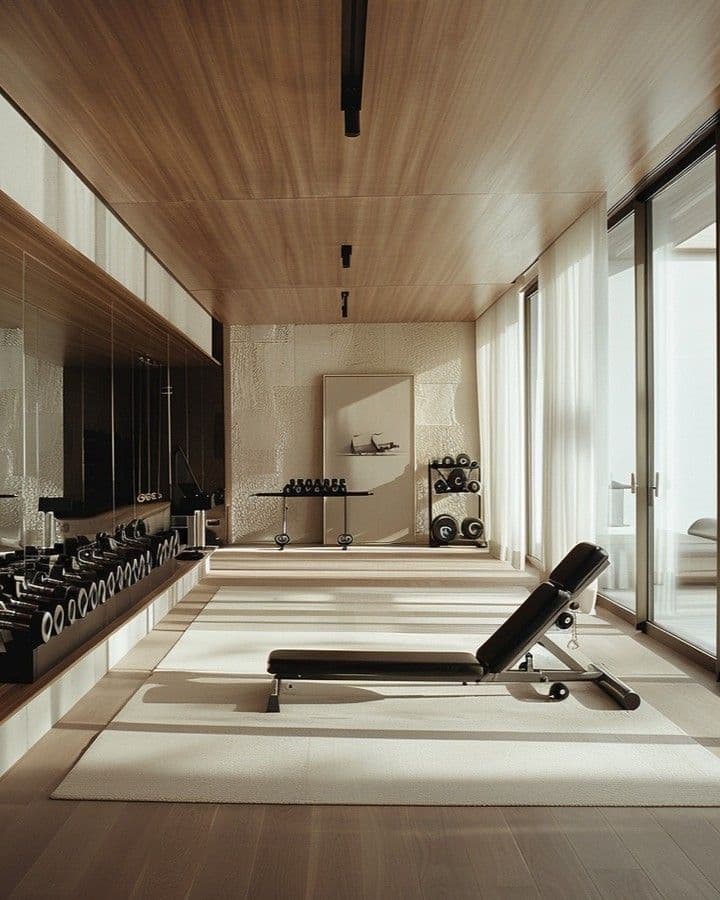 Lounge minimaliste, lignes claires et lumière zénithale
