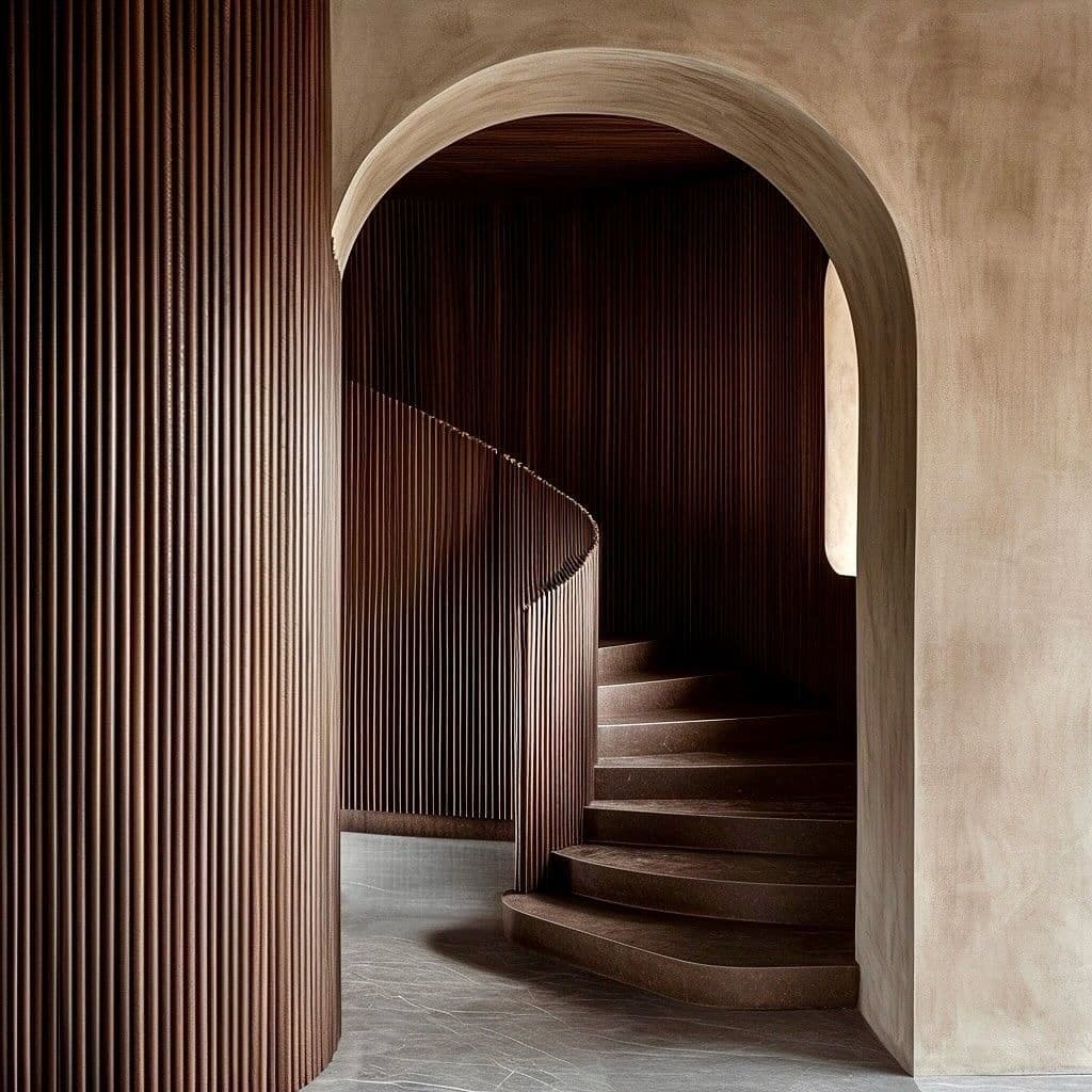 Escalier en bois sombre sous une arche minérale